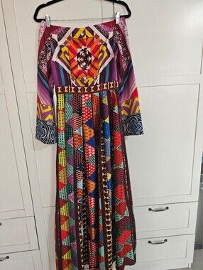 L'Atiste Bold Multicolor Geometric Tribal Long Sleeve Off Shoulder Maxi Dress S